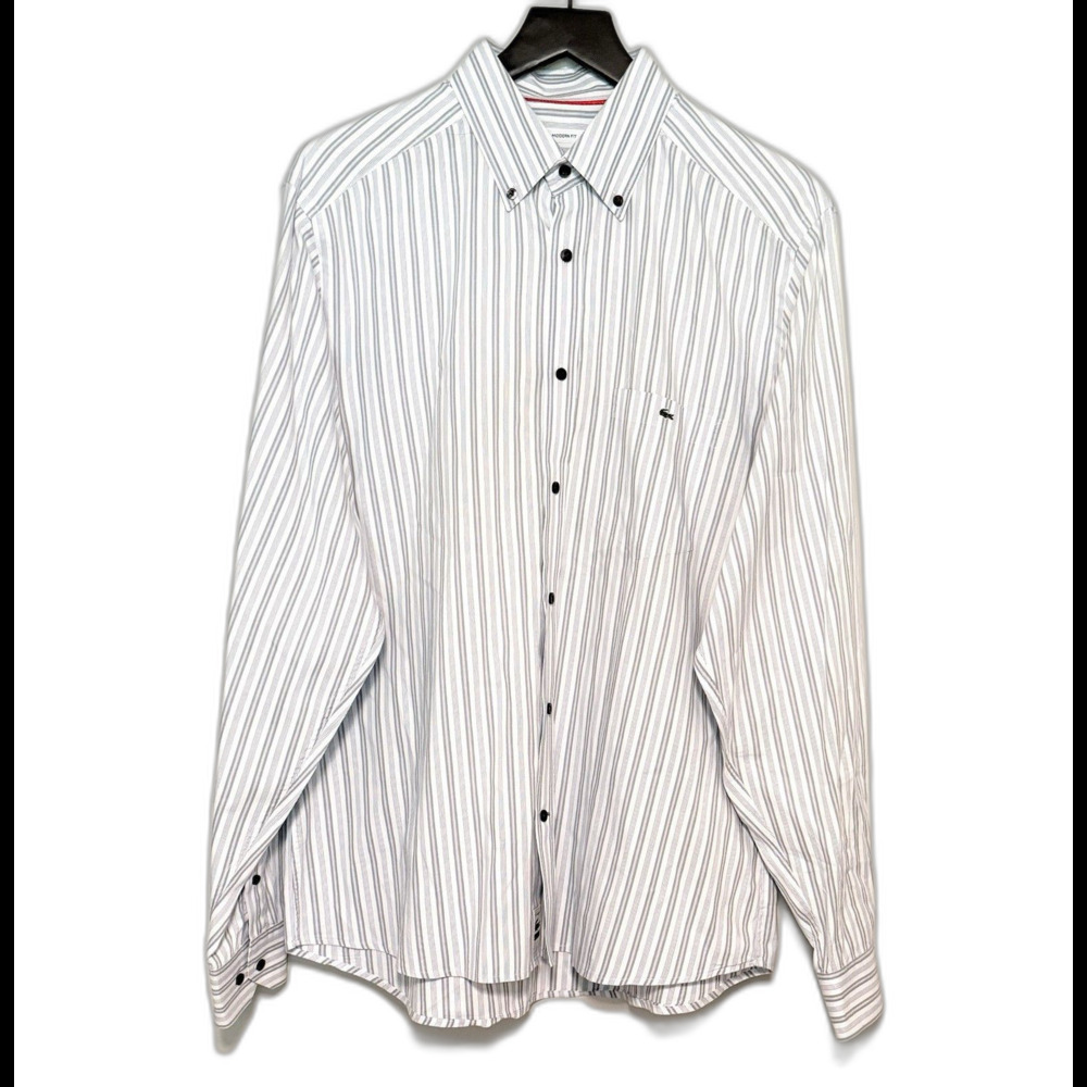 Vintage Lacoste Striped Button Down Shirt Size 42 Modern Fit Stripe Logo Preppy